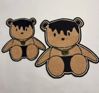 Two sizes of custom chenille teddy bear mascot patches showing chest vs large format options